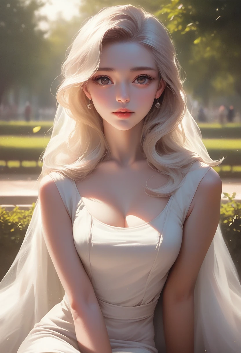 uma bela garota coreana em um vestido branco, delicate detalhado face, Olhos lindos, nariz, lábios, cílios longos, sentado em um parque, photorealista, 8K, melhor qualidade, obra de arte, Iluminação Profissional, mapeamento de fótons, radiosidade, realista, detalhado, cores vivas, iluminação natural, cinematic, tons quentes, foco suave, profundidade de campo