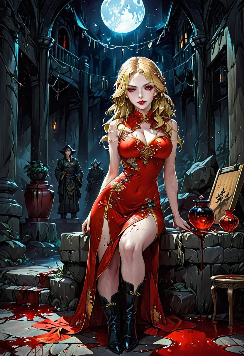 красивая женщина-вампир в ((окрашенный кровью: 1.5) белый чонсам: 1.5), невероятно красивая женщина-вампир, Ультра подробный face, белокурые волосы, Длинные волосы, волнистые волосы, темный гламурный макияж, бледная кожа, красные губы, (светящиеся красные глаза: 1.2), видимый (вампирские клыки: 1.2), она носит ((окрашенный кровью белый чонсам: 1.5)), элегантный, сложный детальный Чхонсам, Шелковый Cheongsam, небольшое декольте, ((Чхонсам украшен драгоценными камнями: 1.3)), she wears элегантный knee high heeled boots, изысканные сапоги на высоком каблуке, на верхней части платья пятна крови, динамический фон, лучшие детали, Лучшее качество, Высокое разрешение, ультра широкий угол, 16 тыс., [Ультра подробный], шедевр, Лучшее качество, (чрезвычайно подробный), все тело, ультра широкий план, Фотореалистичный, фэнтези-арт, неважное искусство, РПГ арт, реалистическое искусство, Темный роман, Темный стиль живописи