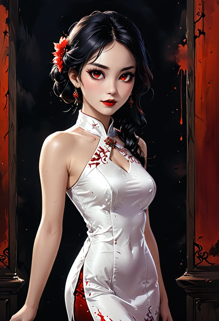 красивая женщина-вампир в ((окрашенный кровью: 1.5) белый чонсам: 1.5), невероятно красивая женщина-вампир, Ультра подробный face, белокурые волосы, Длинные волосы, волнистые волосы, темный гламурный макияж, бледная кожа, красные губы, (светящиеся красные глаза: 1.2), видимый (вампирские клыки: 1.2), она носит ((окрашенный кровью белый чонсам: 1.5)), элегантный, сложный детальный Чхонсам, Шелковый Cheongsam, небольшое декольте, ((Чхонсам украшен драгоценными камнями: 1.3)), she wears элегантный knee high heeled boots, изысканные сапоги на высоком каблуке, на верхней части платья пятна крови, динамический фон, лучшие детали, Лучшее качество, Высокое разрешение, ультра широкий угол, 16 тыс., [Ультра подробный], шедевр, Лучшее качество, (чрезвычайно подробный), все тело, ультра широкий план, Фотореалистичный, фэнтези-арт, неважное искусство, РПГ арт, реалистическое искусство, Темный роман, Темный стиль живописи