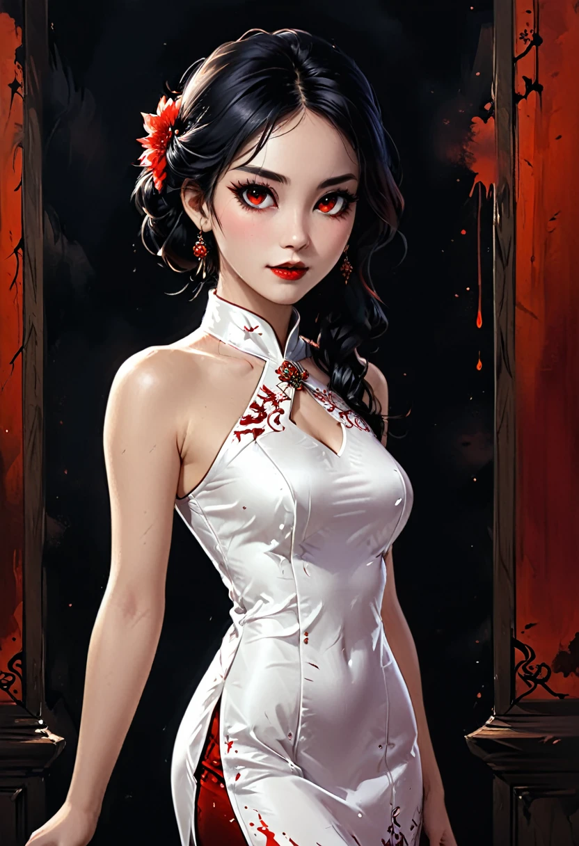 a beautiful female vampire wearing a ((blood stained: 1.5) white Cheongsam: 1.5), an extremely beautiful female vampire, ultra detailed face, blond hair, long hair, wavy hair, dark glamour make up, pale skin, red lips, (glowing red eyes: 1.2), visible (vampiric fangs: 1.2), she wears a ((blood stained white Cheongsam: 1.5)), elegant, intricate detailed Cheongsam, silk Cheongsam, small cleavage, ((Cheongsam is decorated with gems: 1.3)), she wears elegant knee high heeled boots, exquisite knee high heeled boots, there are stains of blood on the upper part of the dress, dynamic background, best details, best quality, highres, ultra wide angle, 16k, [ultra detailed], masterpiece, best quality, (extremely detailed), full body, ultra wide shot, photorealistic, fantasy art, dnd art, rpg art, realistic art, dark novel, Dark Art Painting Style