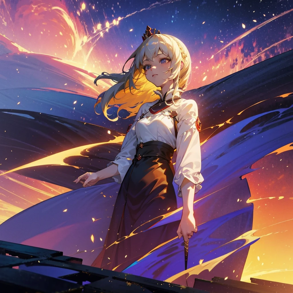 absurderes, high resolution, ultra detaild, 1 girl, standing alone, extremely detailed  eyes, Woman，long blonde hair，white gown, elegancia, gold crown on head,  Guweiz, Detailed digital animation artwork, Rostland 8K, Ross trance style, 4K anime-style, Guweiz on ArtStation Pixiv, guweiz on pixiv artstation, High-quality, detailed artwork in 8K, beautiful fantasy anime, 4k anime art wallpaper, 4k anime art wallpaper