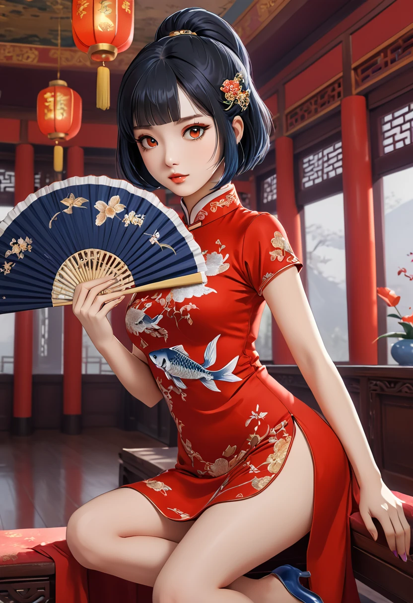 exotic, fantastic, absurd, haughty young woman, bob cut hairstyle, orange eyes, very sexy, red cheongsam, carp prints, extraordinarily silver and gold embroidery, purple silk gloves and stockings, with lace, Prussian blue embroidered slippers, silver lace fan, sexy and stunning pose, in a Chinese hall, anime, cinematic, masterpiece, dynamic view, full body,