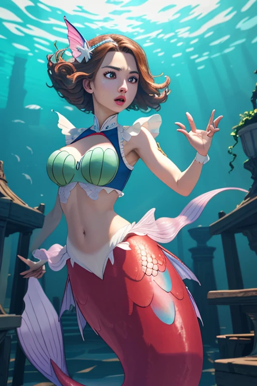 a detailed photo-realistic rendering of a beautiful young mermaid with short brown hair and blue eyes, her expression is shocked, 1 girl, underwater scene with gyarados tail, medium breasts, groin outline, cameltoe, (best quality,4k,8k,highres,masterpiece:1.2),ultra-detailed,(realistic,photorealistic,photo-realistic:1.37),HDR,UHD,studio lighting,ultra-fine painting,sharp focus,physically-based rendering,extreme detail description,professional,vivid colors,bokeh