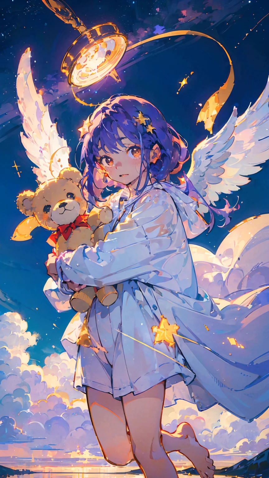 (woman\(13 years old,A star-like halo on the head。, Angel Girl,Purple Hair,Yellow Eyes, White skin, I'm wearing pastel colored pajamas,The girl looks sleepy,While floating in the air,hugging a teddy bear,barefoot,\) Beautiful night sky、Sleepily floating in the air, (I&#39;m in the beautiful outdoors, A beautiful star is shining,He seemed to be very sleepy., mysterious, full moon,(背景にはfull moon),quality\(8K,非常に精細なCGユニットのwallpaper, masterpiece,High resolution,top-quality,top-quality real texture skin,Surreal,Increase the resolution,RAW Photos,最高quality,Very detailed,wallpaper,Cinema Lighting,Ray-tracing,Golden Ratio\),Long Shot,Overall, it looks ephemeral.,The depiction range is from the waist up,qualityの高い顔の描写,High-resolution facial depiction,ephemeral,Low saturation,1 person