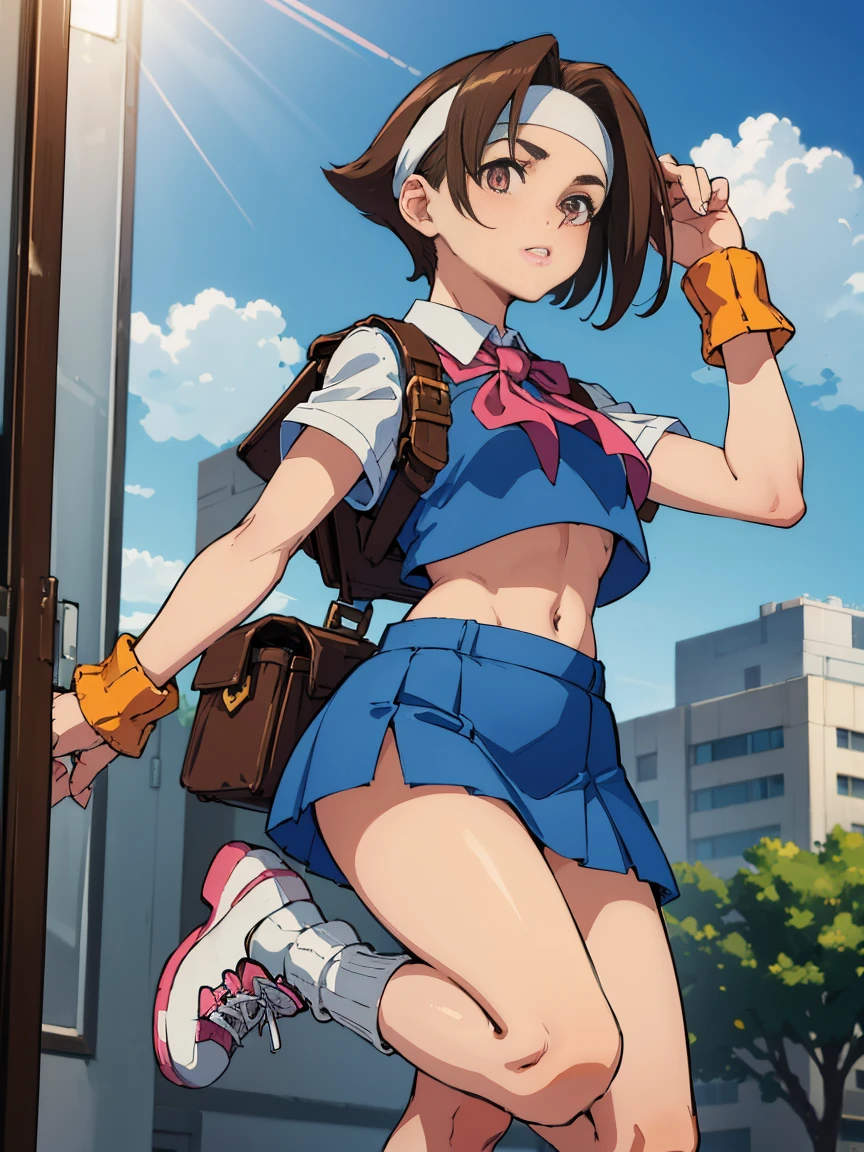 whole body, straight body,  1 girl, highest quality, best shadow, angle, brown pupils, A breeze blows, (anime style), ((reflected light)), ((highest quality)), 1080p, detailed small breasts, realistic skin feel, head band, blue top, Blue blouse, (Pleated super short skirt:1.3), (mini skirt:1.3), leather gloves, socks, white sneakers, white shirt, Pink neckerchief, panty focus,  (((Highlight the blue vest))), ((Highlight short brown hair)),  from below, Skirt in the wind, high kick, Panty shot: 1.2, crop top overhang, Perfect white panties, bright eyes, Precise teeth with gaps, (beautiful and delicate eyes: 1.2), accurate anime girl face, there is no floor, Lack of ground, accurate anatomical hand, brown square backpack,  head band, white sweatband,