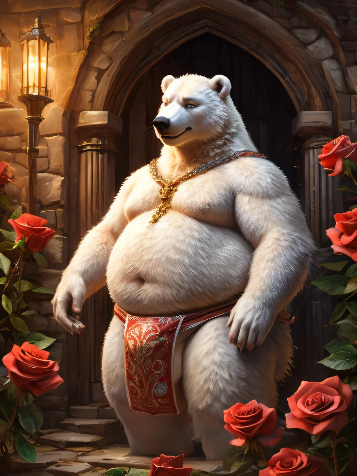 cute, (Obese, Overweight male, anthro,polar bear), nude, fundoshi, hyper realistic. ((roses, dew)), digital art, bright, beautiful, splashes, sparkling, filigree, rim lighting, light, extremely, magical, surreal, fantasy, digital art, Greg Rutkowski, complex artistic masterpiece, sinister, matte painting, golden ratio, intricate, epic, very detailed, vivid, 8K, HDR, global lighting with ray tracing ,beautiful castle, mystical enchanted forests