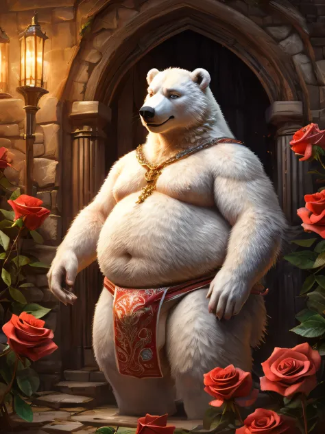 cute, (obese, overweight male, anthro,polar bear), nude, fundoshi, hyper realistic. ((roses, dew)), digital art, bright, beautif...