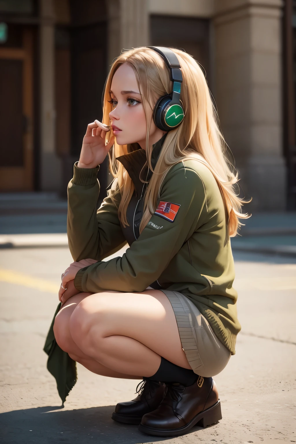 (masterpiece), (best quality, highres, highly-detailed, illustration), 1girl, solo, city, contemporary, profile picture closeup, blonde beige long hair, green eyes, beautiful detailed eyes, squatting, headphones, 8k, trending on ArtStation, featured on Pixiv