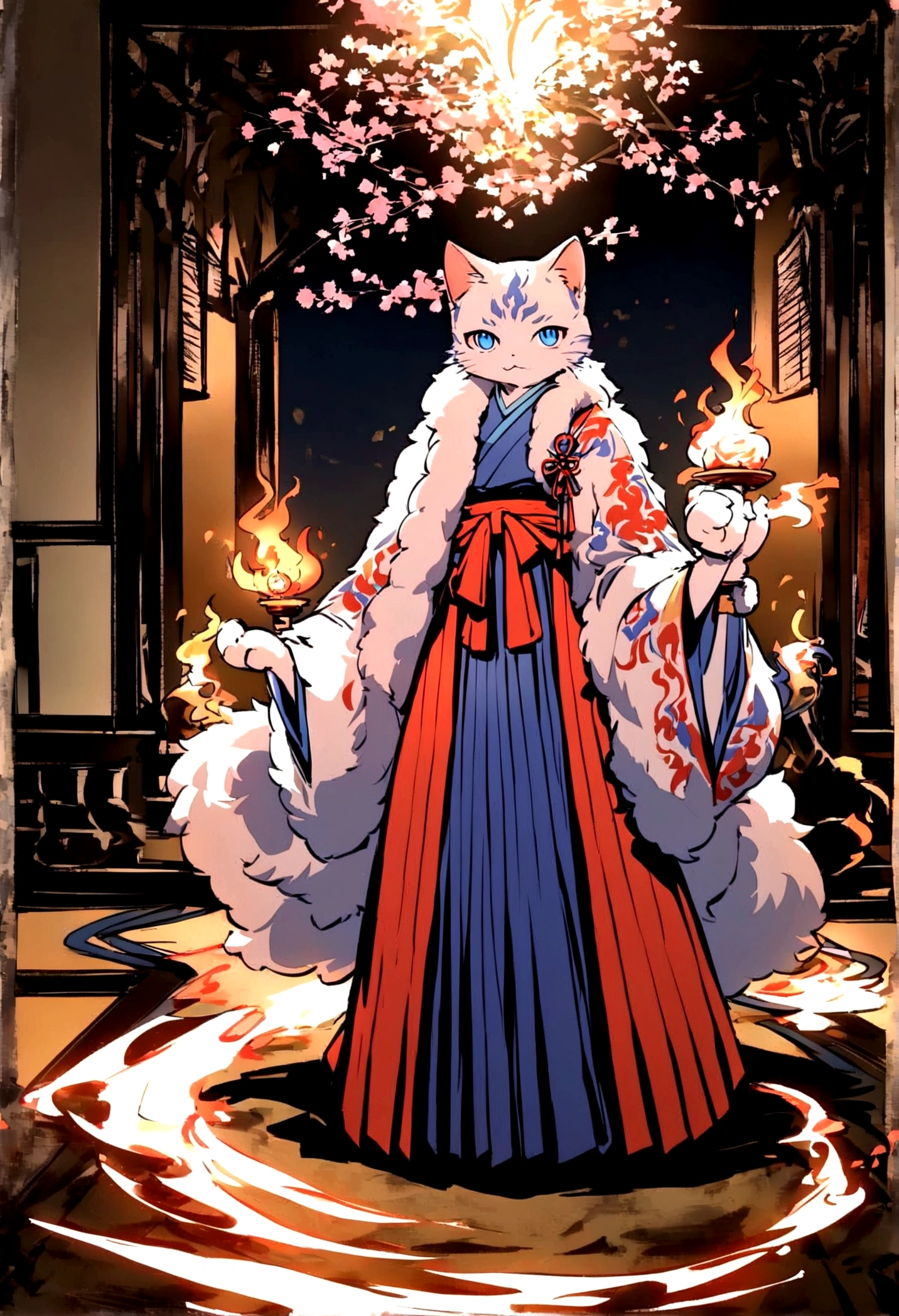 a tabby cat with a soft, fluffy coat, with bright blue eyes that reflect an innate curiosity. He wears a feudal Japanese costume, known as &#39;hakama&#39;, of an intense red that contrasts with its fur. The hakama flows elegantly with every movement, and is adorned with traditional motifs that evoke the samurai era. This cat is not ordinary; It has two mystical tails that end in blue and orange flames, dancing like living torches that illuminate their path.