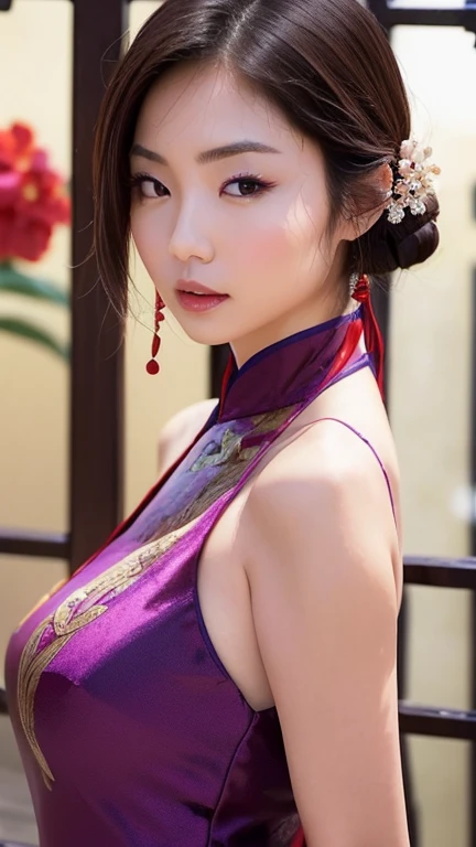 (megumi), Using the trigger word、Generate an image of a young female model wearing a traditional Chinese dress。She has a charming aura that evokes Chinese culture and aesthetics.、Her hairstyle is「chinese buns（Chinese bun hairstyle）」It has become。The dress she wears、Cool colors, yet gorgeous、Incorporating traditional Chinese elements。The dress has a sleeveless design（Sleeveless）in、Make her skin look beautiful。Also、Add glamorous elements to the material and details of the dress.、Enhance her beauty。Her poses and facial expressions are、It exudes confidence and elegance.、It shows off the beauty of Chinese culture and dress.。Background、It incorporates traditional Chinese elements and scenery.、Make sure it matches her vibe。The generated image is、Fashion magazines, art works, etc.、We hope it will be a wonderful image that celebrates traditional Chinese beauty.。