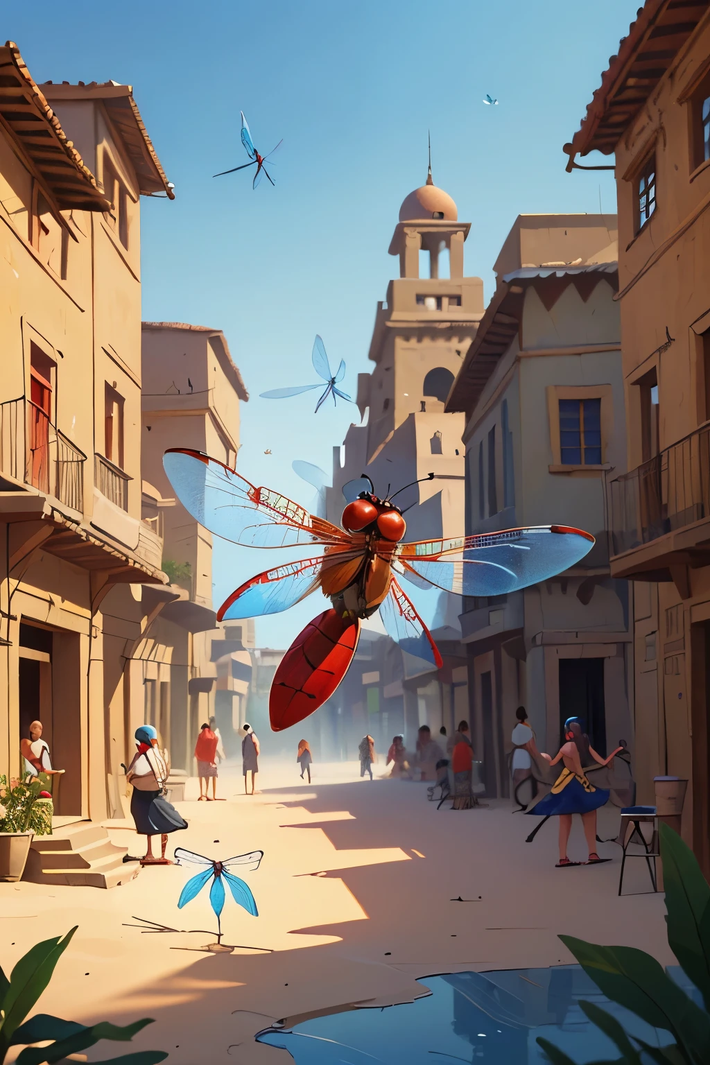 (high detailed, high resolution, high quality, masterpiece), (focus on (a single one) (red and blue) (dragonfly) flying in front of the viewer), (in a crowded village filled with people in a (blurred background) in a Egyptian village), (fantasy, drawing, drawing fantasy)