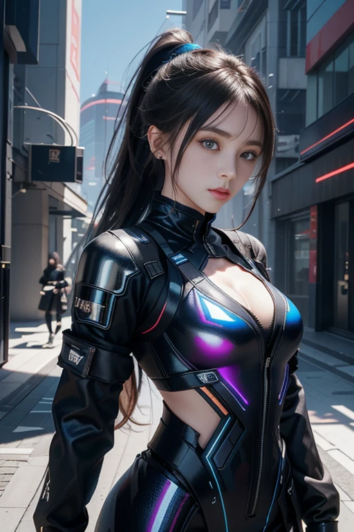 Game Art，Best image quality，Highest Resolution，8K，((Bust photo))，((Portraiture))，(Three-part method)，Unreal Engine 5 rendering， (Future Girl)，(Woman warrior)，22 year old girl，(Long ponytail hairstyle in red and blue shades)，(Beautiful eyes with attention to detail)，(Big Breasts)，Elegant and attractive，smile，(Frowning)，(Clothes packed with futuristic sci-fi style，sweater，Delicate pattern，Shining Jewels，armor)，Cyberpunk characters，Futuristic Style， Photo pose，Street Background，Cinema Lighting，Ray Tracing，Game CG，3D Unreal Engine))， Rendering Reflective Pattern