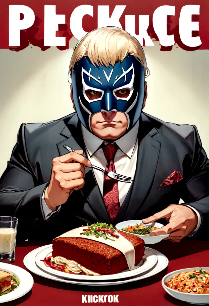 lucha libre masked man, buff, wearing a suit and enjoys a nice meal. album cover called "ricky meatloaf"