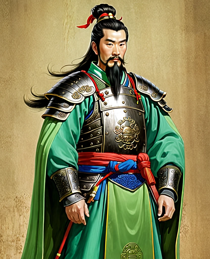 Un retrato de cuerpo entero de Liu Bei de la antigua China. Su apariencia solo tiene barba en la punta del mentón., y su cabello es un cliché chino único. Es suave pero carismático.. Lleva una armadura de madera de color verde claro.