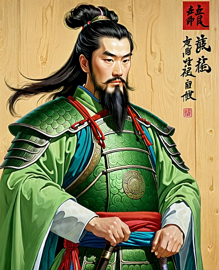 Um retrato de corpo inteiro de Liu Bei da China antiga. Sua aparência tem apenas uma barba na ponta do queixo, e seu cabelo é um clichê chinês único. Ele é gentil, mas carismático. Ele está vestindo uma armadura de madeira verde-clara