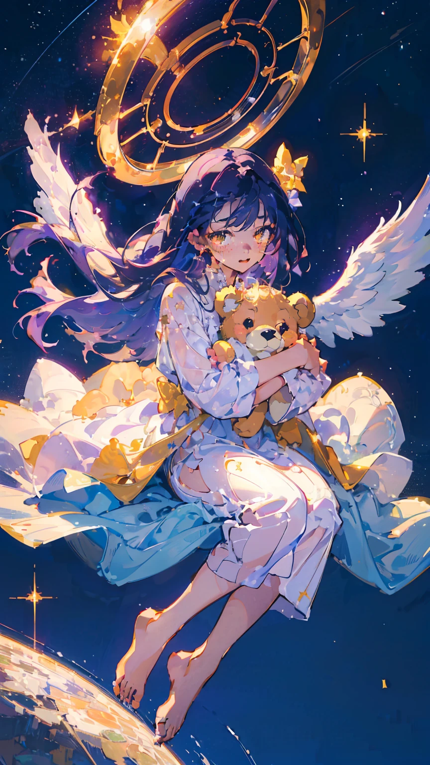 (woman\(13 years old,A star-like halo on the head。, Angel Girl,Purple Hair,Yellow Eyes, White skin, I'm wearing pastel colored pajamas,The girl looks sleepy,While floating in the air,hugging a teddy bear,barefoot,\) Beautiful night sky、Sleepily floating in the air, (I&#39;m in the beautiful outdoors, A beautiful star is shining,He seemed to be very sleepy., mysterious, full moon,(夜空には大きなfull moon),quality\(8K,非常に精細なCGユニットのwallpaper, masterpiece,High resolution,top-quality,top-quality real texture skin,Surreal,Increase the resolution,RAW Photos,最高quality,Very detailed,wallpaper,Cinema Lighting,Ray-tracing,Golden Ratio\),Long Shot,Overall, it looks ephemeral.,The depiction range is from the waist up,qualityの高い顔の描写,High-resolution facial depiction,ephemeral,Low saturation,1 person