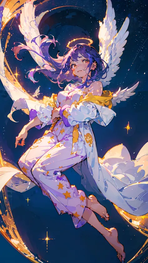 (woman\(13 years old,a star-like halo on the head。, angel girl,purple hair,yellow eyes, white skin, i'm wearing pastel colored p...