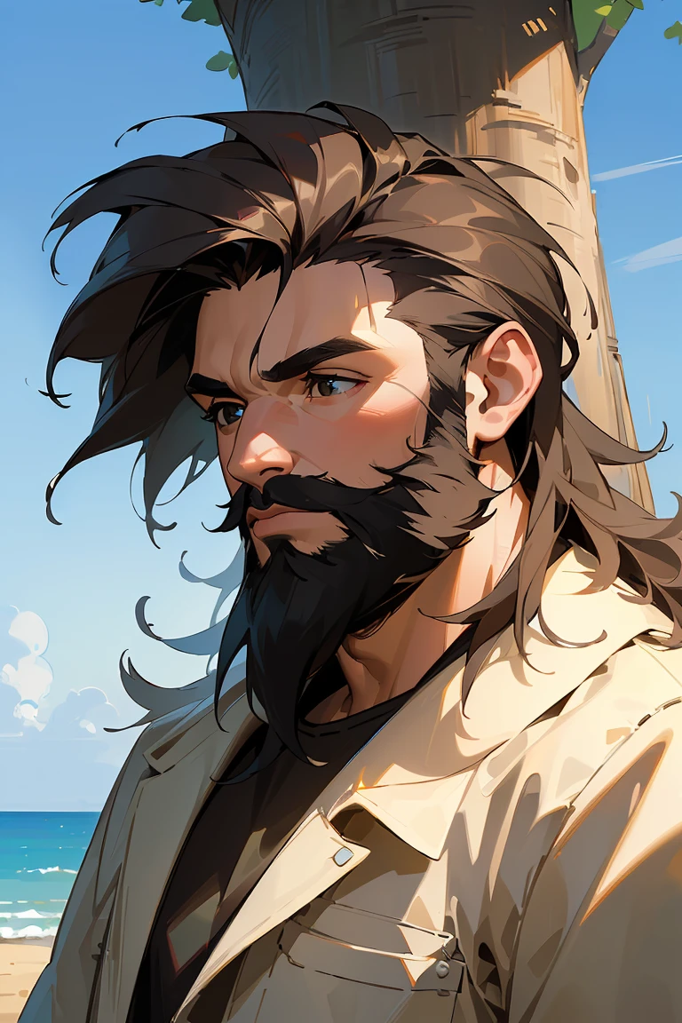 (masterpiece:1.2), (best quality), (ultra detailed), (8k,4k), (highly detailed:1.2), (perfect lightingbest quality), (blue sky, beach, tree, grass), (solo man, strong, young, 23 year old, dark hair, messy hair, unshaven beard), portrait
