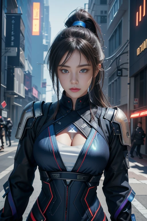 Game Art，Best image quality，Highest Resolution，8K，((Bust photo))，((Portraiture))，(Three-part method)，Unreal Engine 5 Renders， (Future Girl)，(Woman warrior)，22-year-old girl，(Long ponytail hairstyle in red and blue shades)，(Beautiful eyes with attention to detail)，(Big Breasts)，Elegant and attractive，smile，(Frowning)，(Clothes filled with futuristic sci-fi style，sweater，Delicate pattern，Shining Jewel，armor)，Cyberpunk characters，Futuristic Style， Photo pose，Street background，Cinema Lighting，Ray Tracing，Game CG，3D Unreal Engine))， Rendering Reflection Pattern