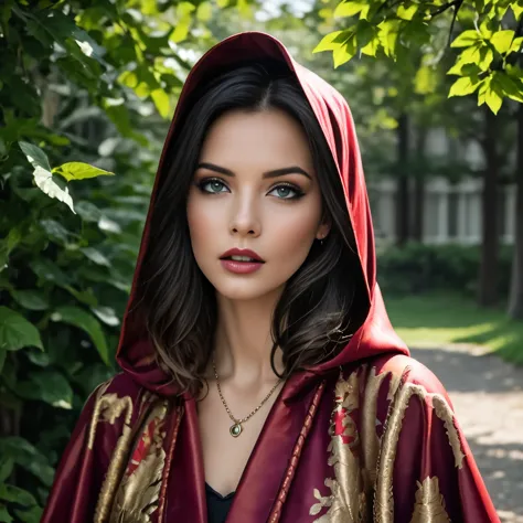 Nahaufnahme-Porträt wa NewLaraCroft in einem Wald, (Contre-Jour), realisti, ​masterpiece, highest quality, ((red cloak with hood...