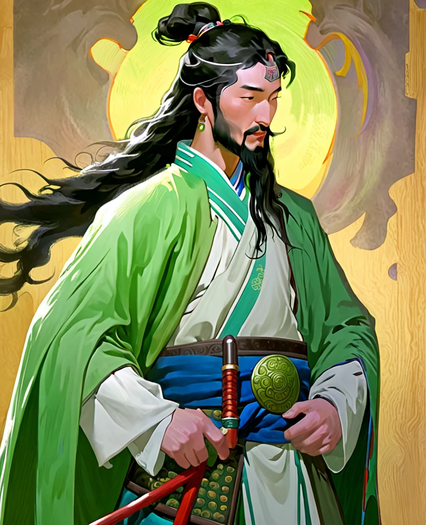 A full-length portrait of Liu Bei of ancient China. His appearance only has a beard on the tip of his chin, and his hair is a unique Chinese cliché. He is soft but charismatic. He is wearing a light green wooden armorA full-length portrait of Liu Bei of ancient China. His appearance only has a beard on the tip of his chin, and his hair is a unique Chinese cliché. He is soft but charismatic. He is wearing a light green wooden armor