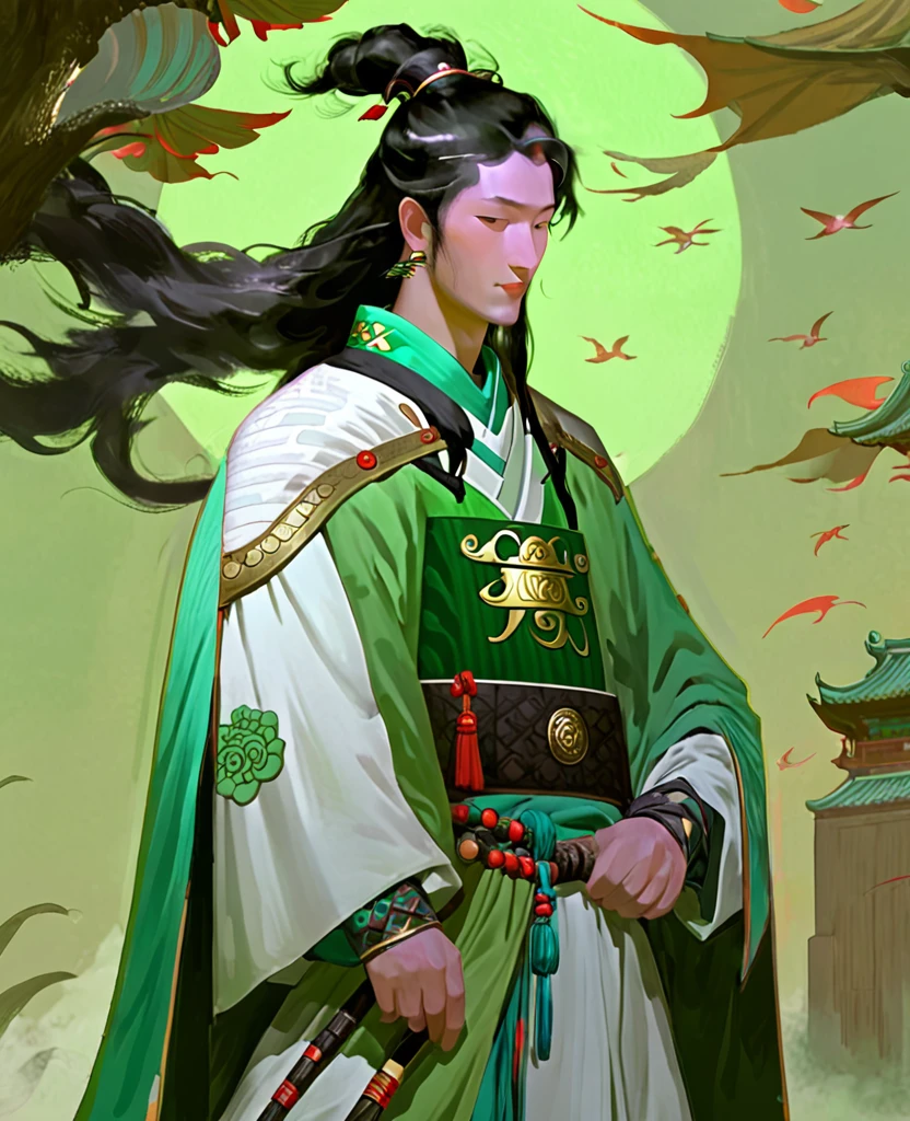 A full-length portrait of Liu Bei of ancient China. His appearance only has a beard on the tip of his chin, and his hair is a unique Chinese cliché. He is soft but charismatic. He is wearing a light green wooden armorA full-length portrait of Liu Bei of ancient China. His appearance only has a beard on the tip of his chin, and his hair is a unique Chinese cliché. He is soft but charismatic. He is wearing a light green wooden armor