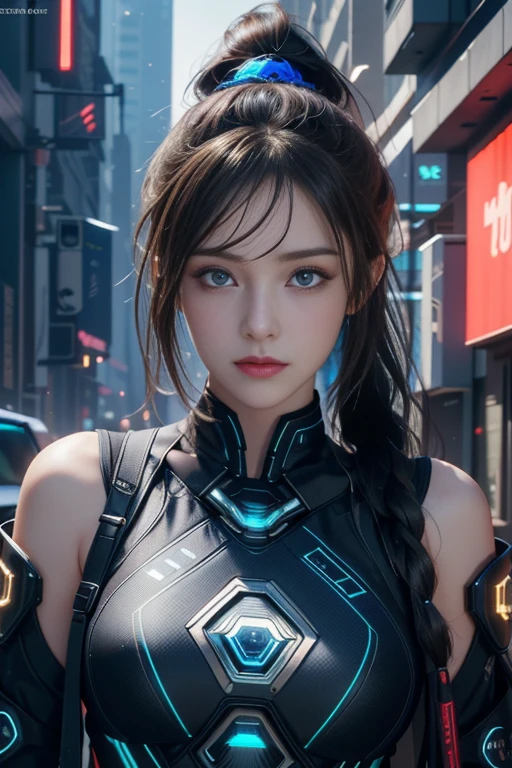 Game Art，Best image quality，Highest Resolution，8K，((Bust photo))，((Portraiture))，(Three-part method)，Unreal Engine 5 Renders， (Future Girl)，(Woman warrior)，22-year-old girl，(Long ponytail hairstyle in red and blue shades)，(Beautiful eyes with attention to detail)，(Big Breasts)，Elegant and attractive，smile，(Frowning)，(Clothes filled with futuristic sci-fi style，sweater，Delicate pattern，Shining Jewel，armor)，Cyberpunk characters，Futuristic Style， Photo pose，Street background，Cinema Lighting，Ray Tracing，Game CG，3D Unreal Engine))， Rendering Reflection Pattern