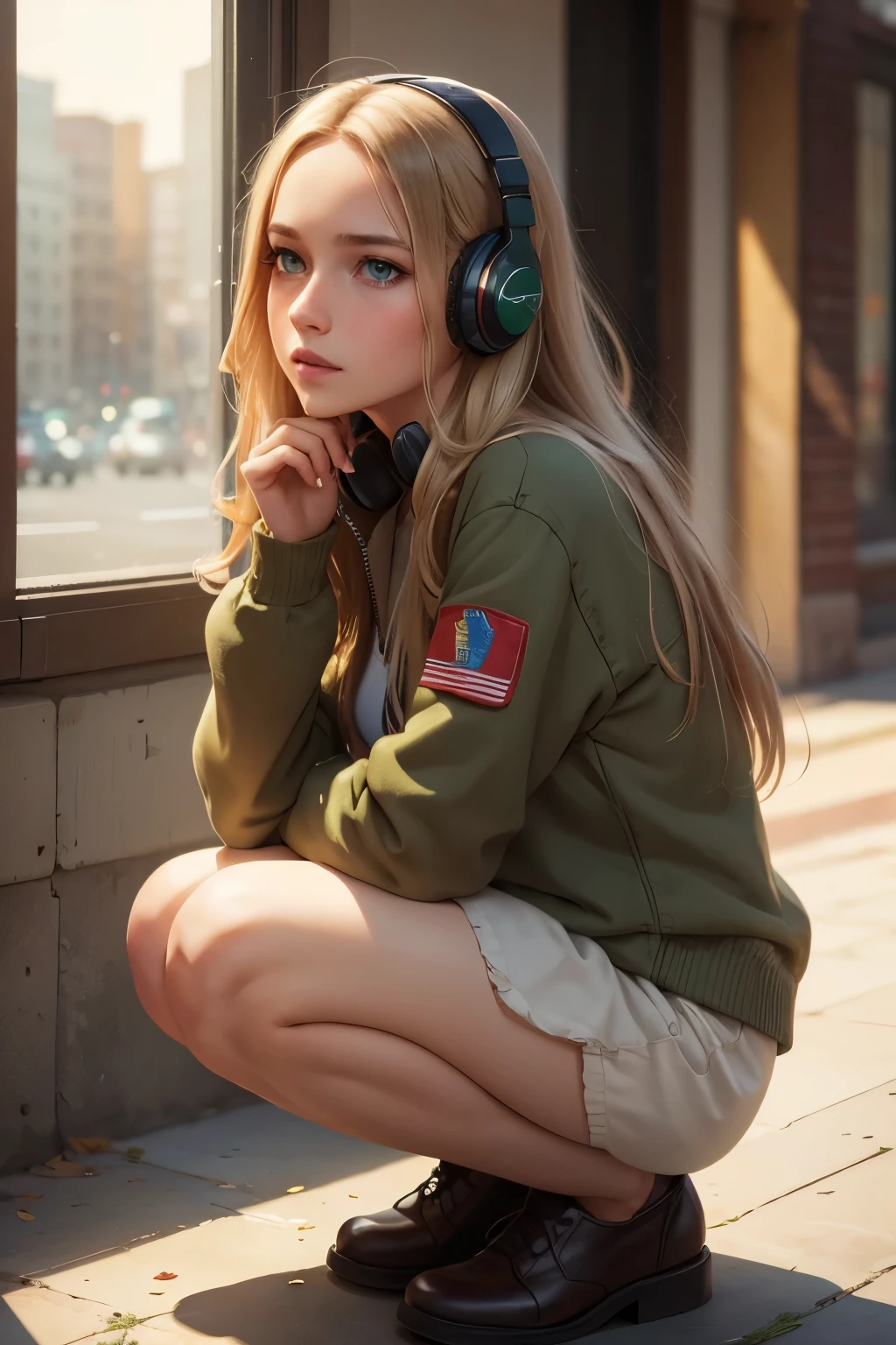 (masterpiece), (best quality, highres, highly-detailed, illustration), 1girl, solo, city, contemporary, profile picture closeup, blonde beige long hair, green eyes, beautiful detailed eyes, squatting, headphones, 8k, trending on ArtStation, featured on Pixiv