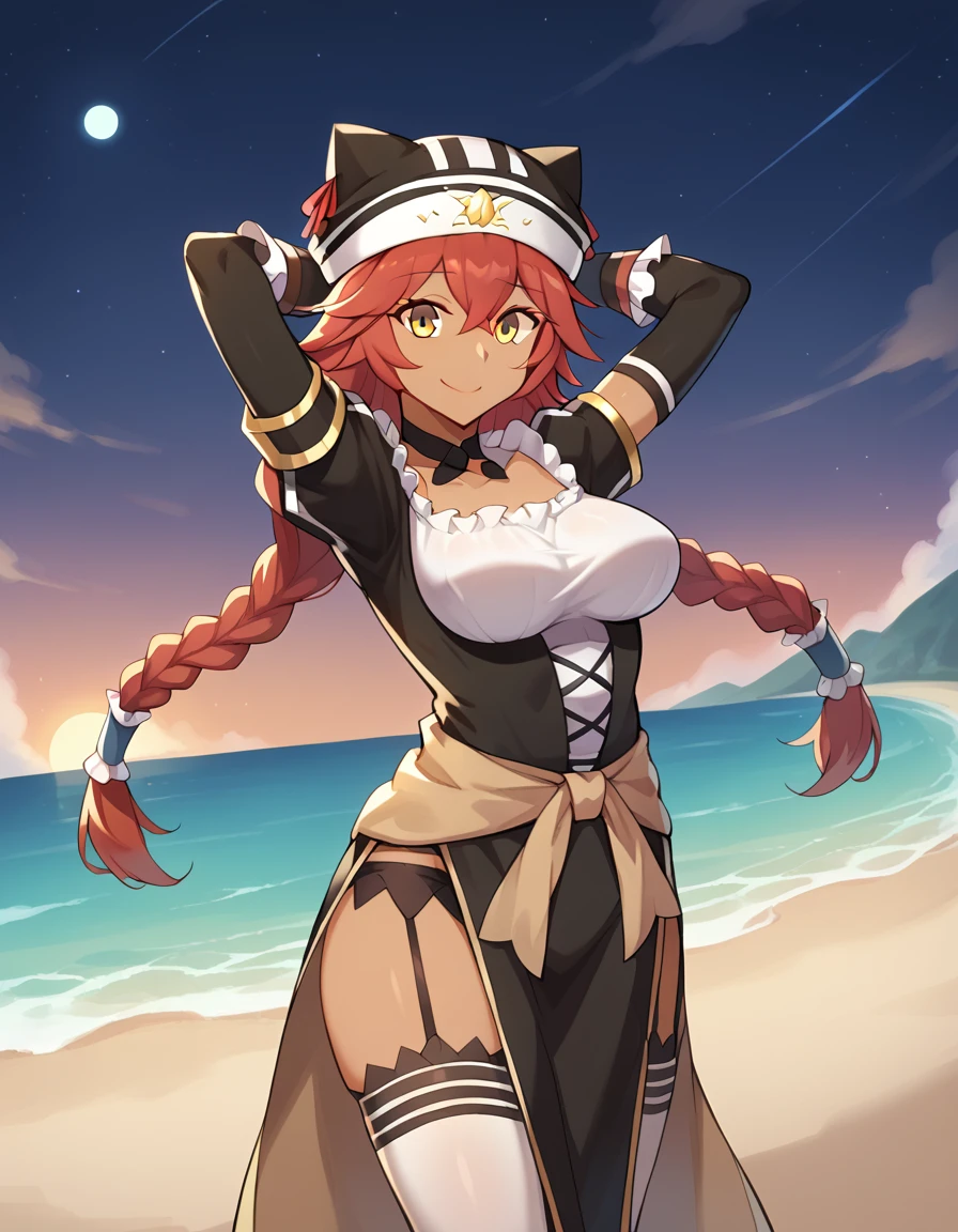 score_9, score_8_up, score_7_up, BREAK, 1girl, solo, breasts, lupusregina beta, dark skin, twin braids, hat, frills, black dress, short sleeves, bridal gauntlets, white thighhighs, garter straps, choker,  high quality, solo, 1girl, night sky, beach, arms behind head, (contrapposto), closed mouth, spread armpits, (cowboy shot:1.5), looking at viewer, smile, best quality,