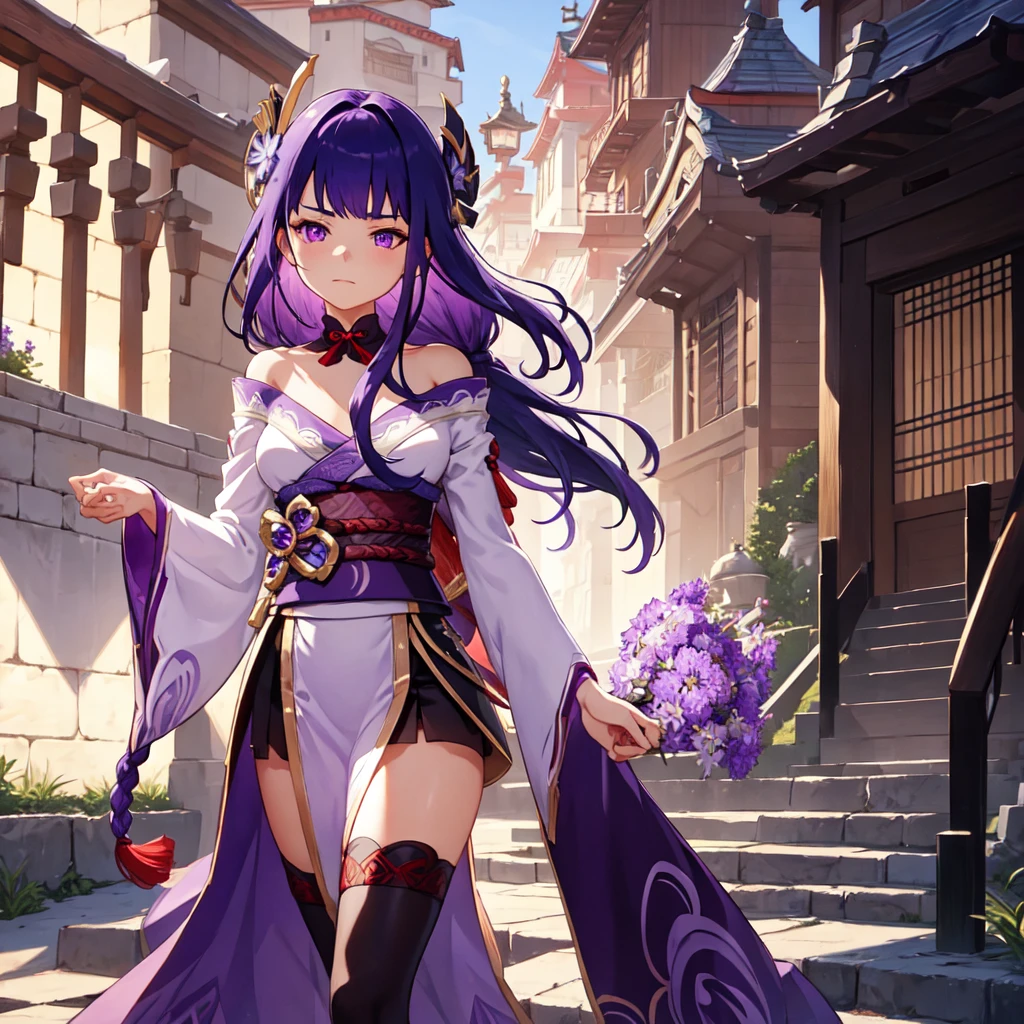 shogun, 1girl, solo, long hair, looking at viewer, hair ornament, thighhighs, long sleeves, ribbon, holding, cleavage, closed mouth, purple eyes, weapon, purple hair, braid, flower, japanese clothes, sword, wide sleeves, kimono, holding weapon, armor, mole, blurry, sash, mole under eye, holding sword, obi, shoulder armor, tassel, bridal gauntlets, stairs, purple flower, vision (genshin impact), obijime, tomoe (symbol), obiage, mitsudomoe (shape),  