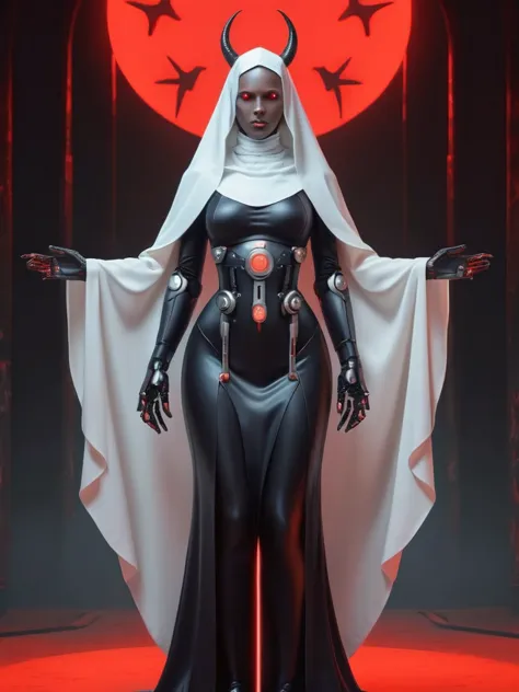 ral-opal, meahophontron, full body, woman robot face, devil nun, negro, looking at camera, body nun clothes, red eyes, primer pl...