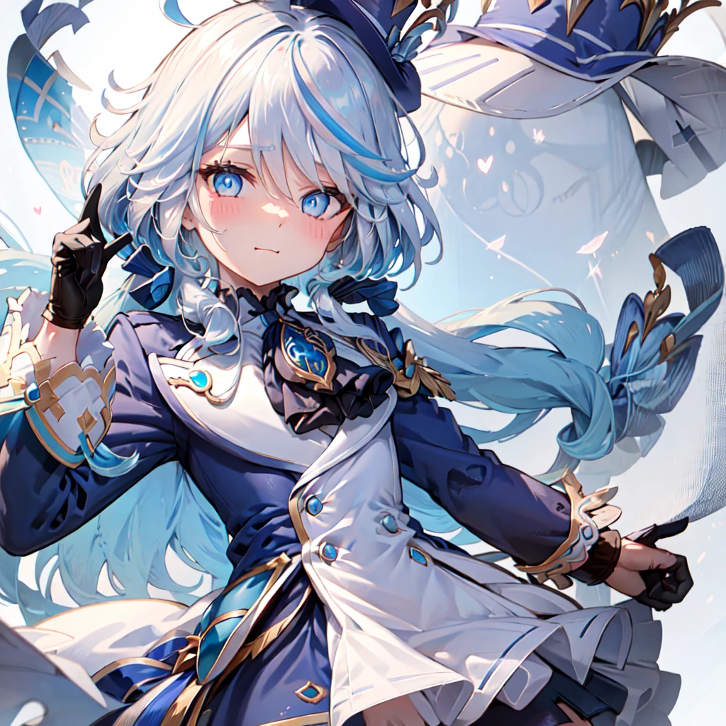 furina, 1girl, solo, long hair, looking at viewer, blush, blue eyes, simple background, gloves, long sleeves, hat, white background, jewelry, :3, blue hair, jacket, upper body, ahoge, white hair, heart, streaked hair, symbol-shaped pupils, blue jacket, brooch, blue headwear, top hat