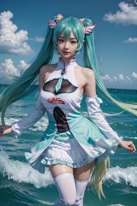 hatsune miku cosplay costume, cosplay, racing miku, hatsune miku, twintails, very long hair, aqua hair, hair ornament, dress, sl...