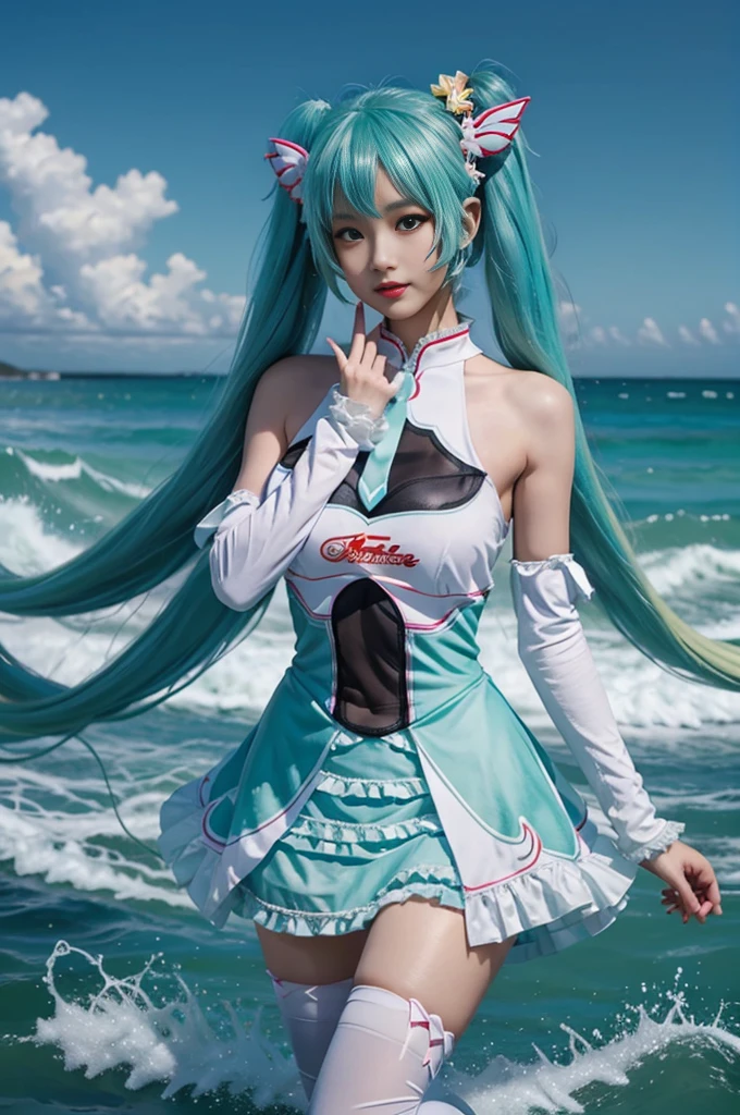 hatsune miku cosplay costume, cosplay, racing miku, hatsune miku, twintails, very long hair, aqua hair, hair ornament, dress, sleeveless, bare shoulders, detached sleeves, thighhighs, print legwear, high heels beauty, Beautiful woman，Have a perfect body：1.4，Layered Hairstyle，((Big breasts)), ((D cup)), Visible cleavage，Bare shoulders, Highly detailed face and skin texture，Double eyelids，Skin Whitening，Long hair，Whitening long legs，Standing by the sea, Fashion girl, Red lips, Sweet maiden, Beautiful makeup, detail, lifelike, Very detailed, amazing, beautiful, Young and energetic, high quality，High Definition, rich and colorful，Exquisite, Smooth skin, The skirt is short, Lift the skirt with your hands, Elegant and charming posture, Official Art, Extremely detailed, Movie atmosphere, Soft colors, Natural skin texture,