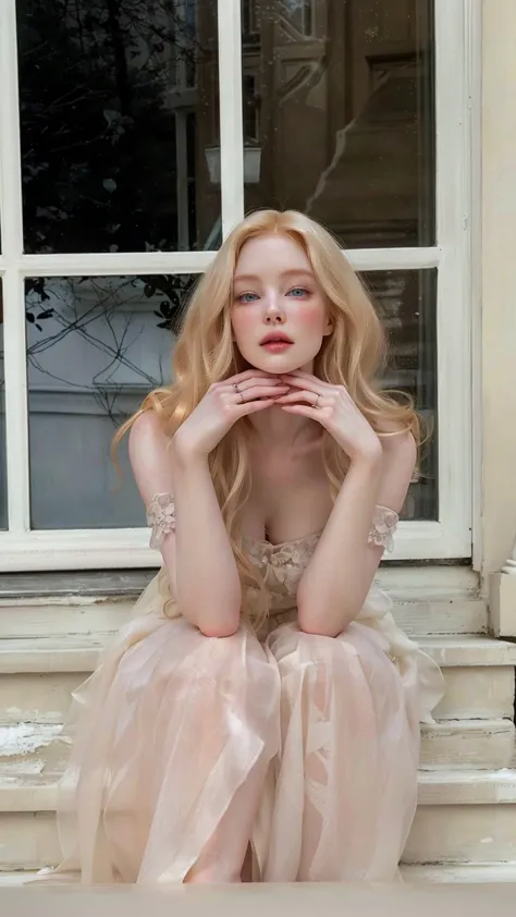 blonde woman sitting on the steps in front of a window with her hands on her chin, fair and pale skin!!, skin pale as ivory, fai...