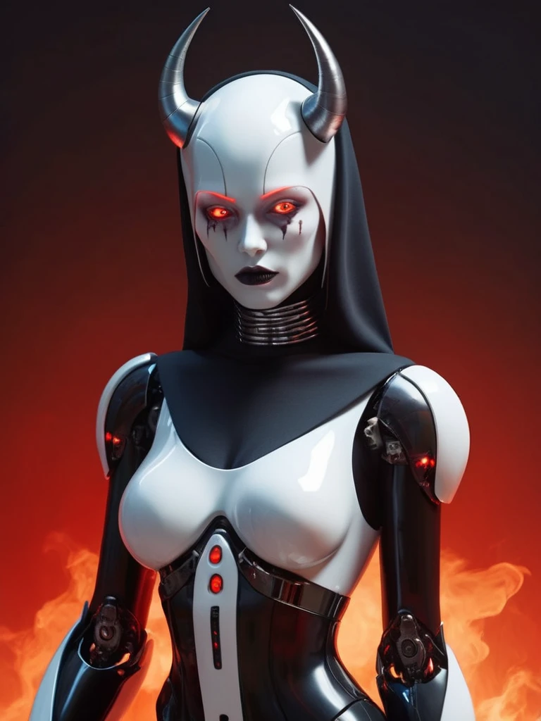 ral-opal, meahophontron, full body, woman robot face, devil nun, negro, looking at camera, body nun clothes, red eyes, primer plano looking at camera, realist, beautifull woman, background image hell, sexy face.