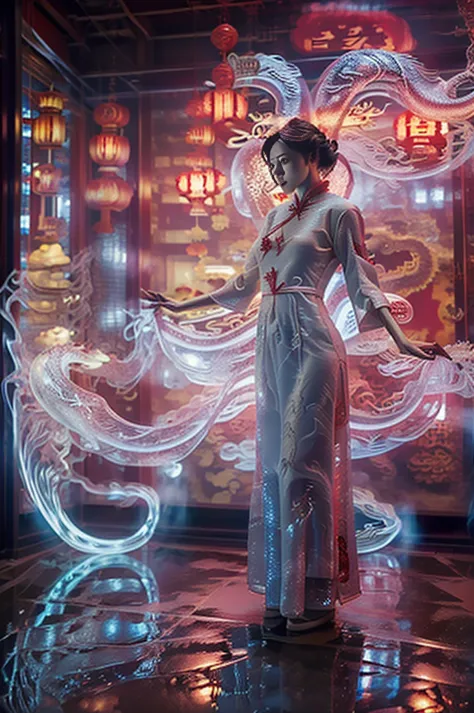 white holographic dragon, 1个busty girl(red cheongsam:1.5) a suspenseful shot(the sky shines red,visual impact,add a dynamic a...