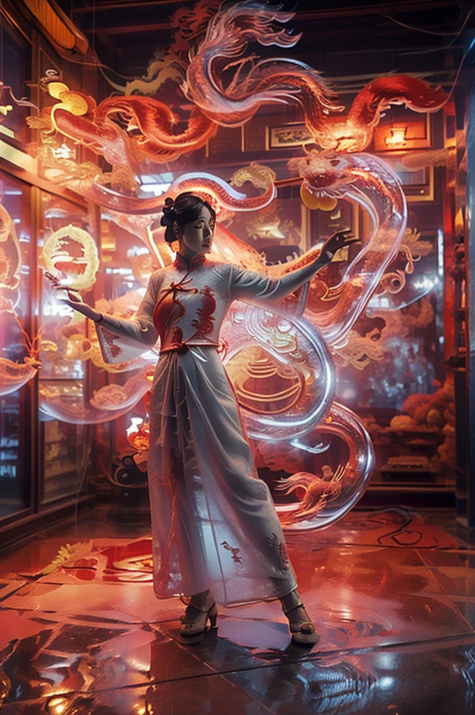 white holographic dragon, 1个Busty girl(red cheongsam:1.5) A suspenseful shot(the sky shines red,visual impact,Add a dynamic and visually appealing look to your posters.:1.2),chinese line style,impressive picture,