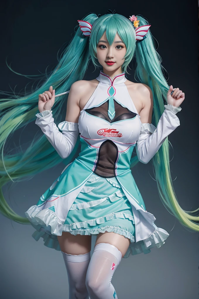 hatsune miku cosplay costume, cosplay, racing miku, hatsune miku, twintails, very long hair, aqua hair, hair ornament, dress, sleeveless, bare shoulders, detached sleeves, thighhighs, print legwear, high heels beauty, Beautiful woman，Have a perfect body：1.4，Layered Hairstyle，((Big breasts)), ((D cup)), Visible cleavage，Bare shoulders, Highly detailed face and skin texture，Double eyelids，Skin Whitening，Long hair，Whitening long legs，Standing by the sea, Fashion girl, Red lips, Sweet maiden, Beautiful makeup, detail, lifelike, Very detailed, amazing, beautiful, Young and energetic, high quality，High Definition, rich and colorful，Exquisite, Smooth skin, The skirt is short, Lift the skirt with your hands, Elegant and charming posture, Official Art, Extremely detailed, Movie atmosphere, Soft colors, Natural skin texture,