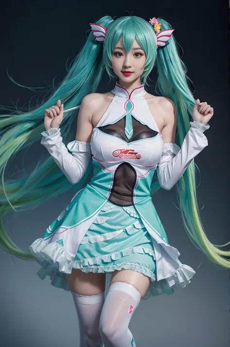 hatsune miku cosplay costume, cosplay, racing miku, hatsune miku, twintails, very long hair, aqua hair, hair ornament, dress, sl...