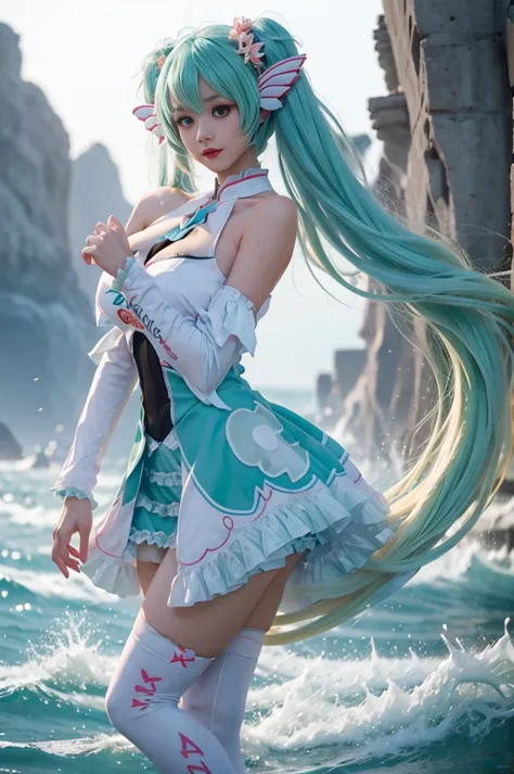 hatsune miku cosplay costume, cosplay, racing miku, hatsune miku, twintails, very long hair, aqua hair, hair ornament, dress, sl...