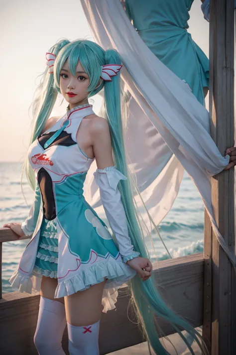 hatsune miku cosplay costume, cosplay, racing miku, hatsune miku, twintails, very long hair, aqua hair, hair ornament, dress, sl...