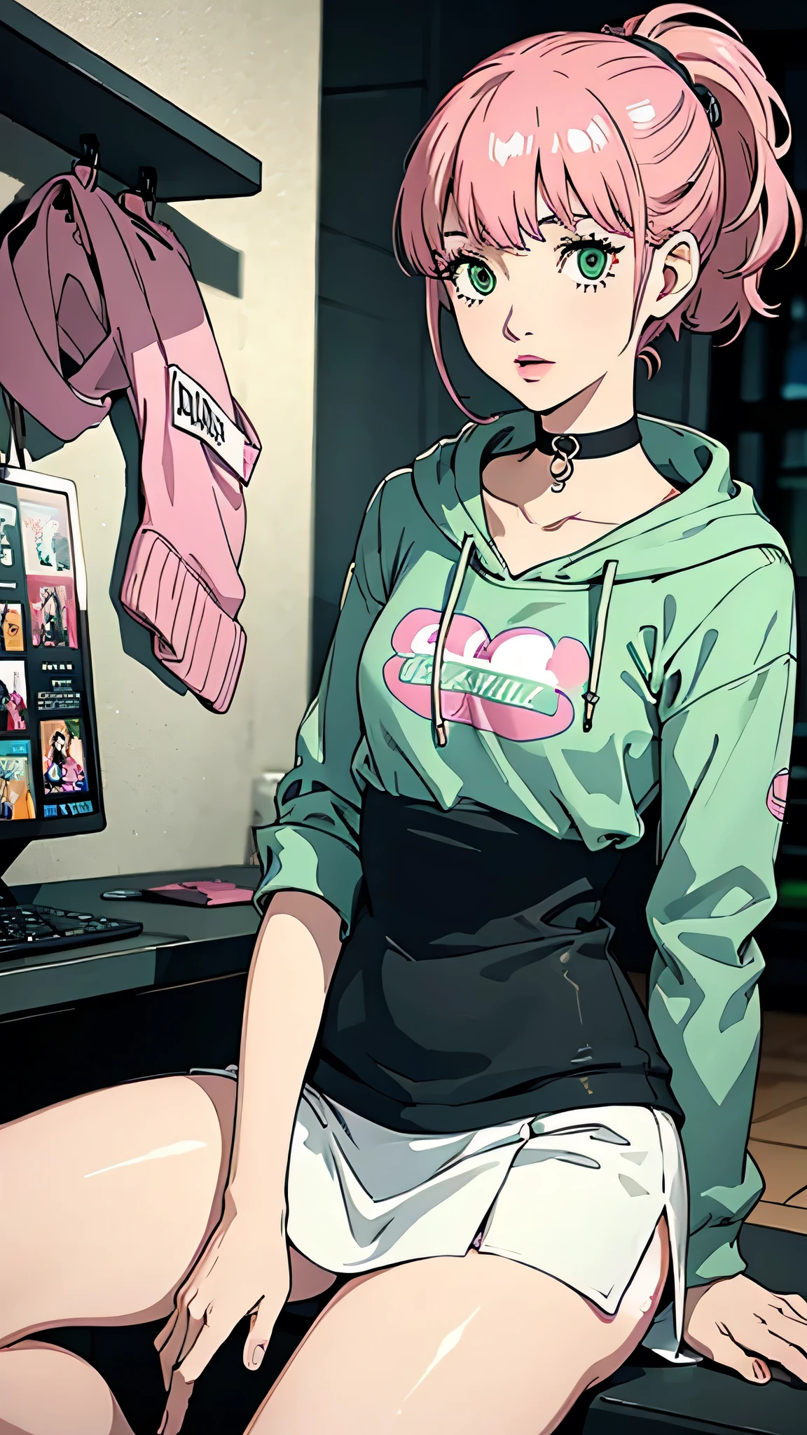 1 girl, green eyes, very Short hair, pink choker, lipstick, Shy, pink hair , tomboy Pixie haircut, hoodie, skirt, white stockings, thicc legs,cowboy shot, sit, flat chest, ponytail 