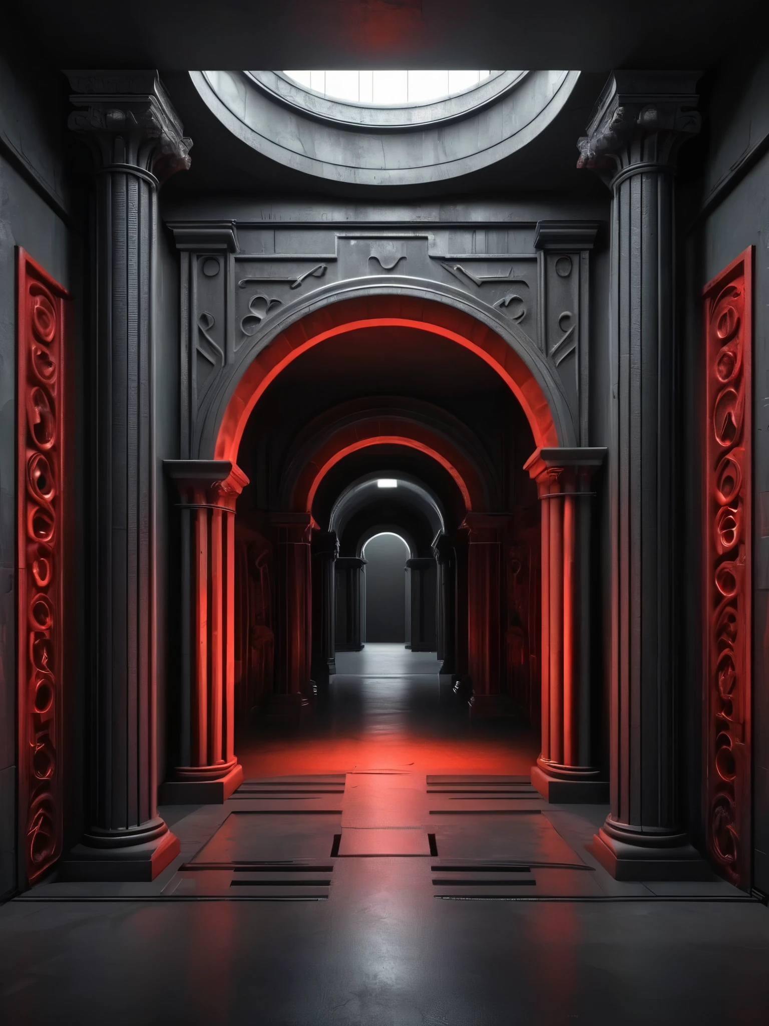 tunel, infernal themed futuristic background image, palacio hell, symmetrical image, hell, dark gray wall, negro, red, puertas al hell columnas iglesia, infinite arcs.