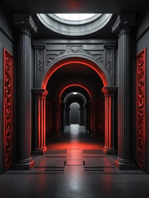 tunel, infernal themed futuristic background image, palacio hell, symmetrical image, hell, dark gray wall, negro, red, puertas a...