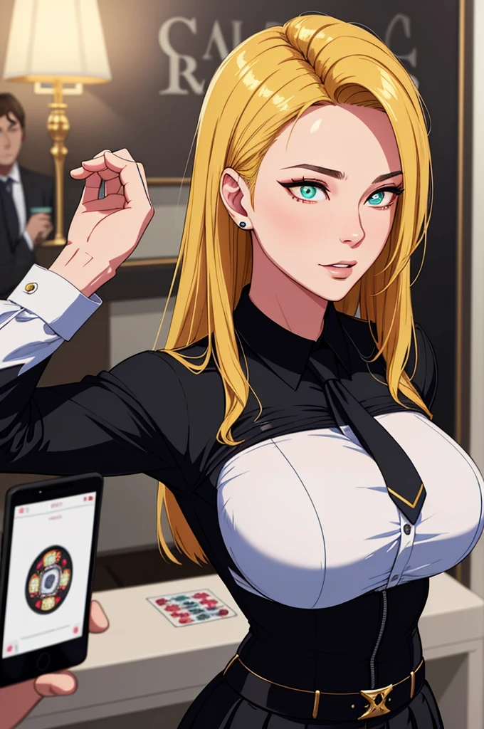 (masterpiece, highres, best quality:1.2), 8K, highly detailed, intricate, colorful, vibrant image, sharp focus, cinematic)  blonde hair, long hair, green eyes, body builder (Wearing black business outfit, black_collared shirt cropped jacket ,tie,necktie,black frilled skirt, garter straps, leather waist belt) (big perfect round breasts,hourglass body, thin waist,very thin waist, Photo realistic,(hyperrealistic:1)beautiful, masterpiece, best quality, extremely detailed face,perfect face,beautiful face, perfect lighting,detailed eye makeup, detail face, nice detailed eyes,nice hands, perfect hands,glowing eyes (realistic pupils,realistic iris:1) heavy eye makeup,(empty Casino)(Posing dynamically)