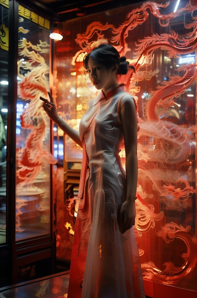 A white hologram dragon, 1 girl with large breasts (wearing a red cheongsam:1.5), dramatic shot (sky glowing red, visually striking, add dynamic and visually appealing elements to a poster:1.2), Chinese sun style, impressive illustration