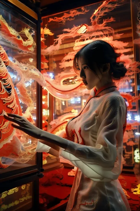 a white hologram dragon, 1 girl with large breasts (wearing a red cheongsam:1.5), dramatic shot (sky glowing red, visually strik...