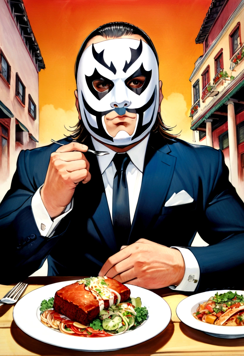 Lucha libre masked man, buff, wearing a suit and enjoys a nice meal. Album cover called "Ricky Meatloaf"