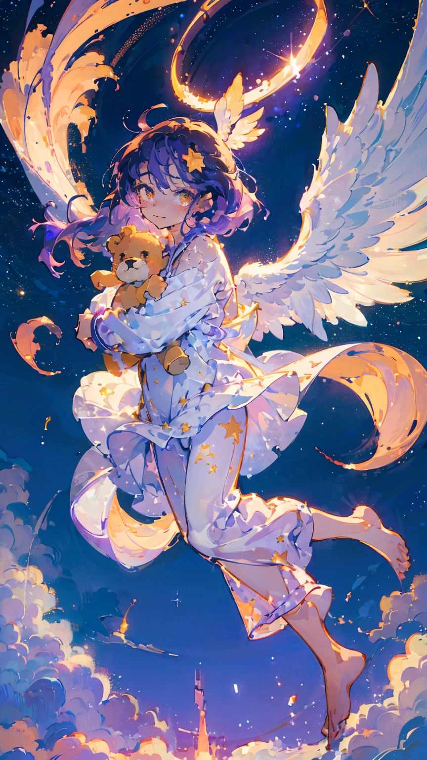 (woman\(13 years old,A star-like halo on the head。, Angel Girl,Purple Hair,Yellow Eyes, White skin, I'm wearing pastel colored pajamas,The girl looks sleepy,While floating in the air,hugging a teddy bear,barefoot,\) Beautiful night sky、Sleepily floating in the air, (I&#39;m in the beautiful outdoors, A beautiful star is shining,He seemed to be very sleepy., mysterious, full moon,(夜空には大きなfull moon),quality\(8K,非常に精細なCGユニットのwallpaper, masterpiece,High resolution,top-quality,top-quality real texture skin,Surreal,Increase the resolution,RAW Photos,最高quality,Very detailed,wallpaper,Cinema Lighting,Ray-tracing,Golden Ratio\),Long Shot,Overall, it looks ephemeral.,The depiction range is from the waist up,qualityの高い顔の描写,High-resolution facial depiction,ephemeral,Low saturation,1 person